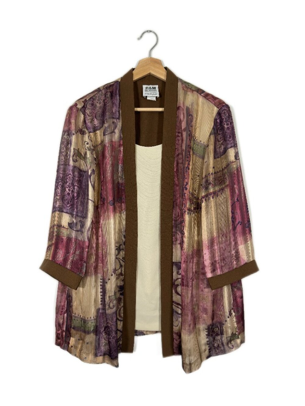 R&M Richards Women's Mock Layer Top Blouse Size 16P Tan Pink Artsy Evening